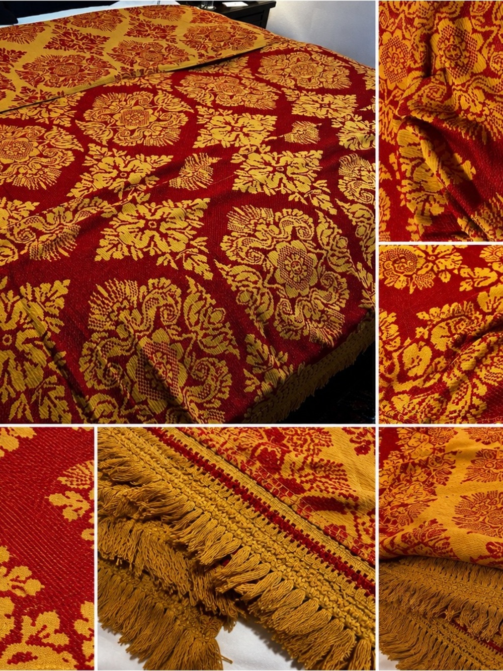Vintage Jacquard Bedspread 92x114 Red Gold Reversible Floral Fringe maximalist